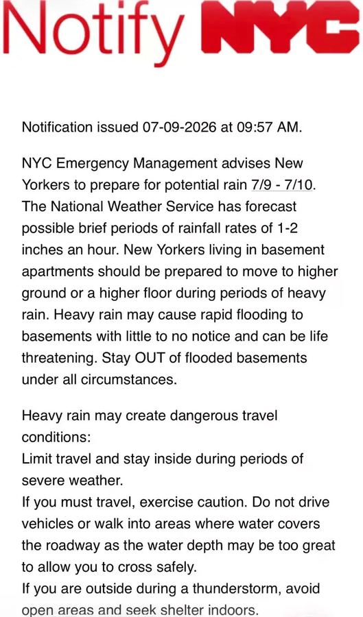⚠️纽约7/9强降雨预警 NYC Emergency Manag...